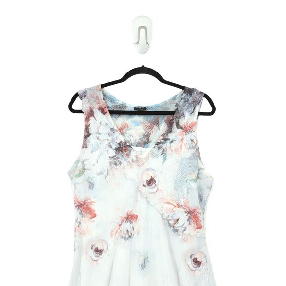 Komarov Women L Ruffle Dress Watercolor Border Ivory White Floral Maxi Charmeuse - Picture 3 of 10